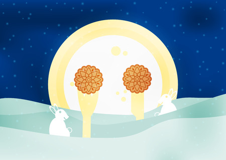 Mid Autumn Festival for Chinese people in flat design. Vector illustration on blue background with moon, rabbit,  mooncakes.のイラスト素材