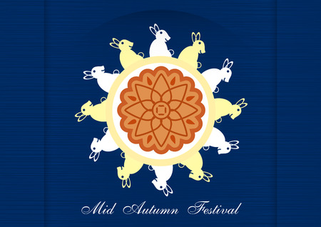Mid Autumn Festival for Chinese people in flat design. Vector illustration on blue background with moon, rabbit,  mooncakes.のイラスト素材