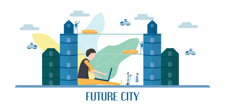 Future people in urban buildings with blue sky and cloud. Vector illustration with flat city in paper cut style. Trend of landmark for downtown of the world and big country.のイラスト素材