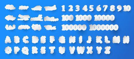 Set of number and 26 English alphabet in shape of cloud on blue gradient background. Vector illustration in paper cut style.のイラスト素材