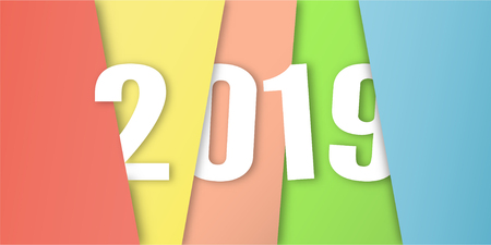 Happy New Year 2019 in material design concept on colorful background. Vector illustration in paper cut and digital craft.のイラスト素材
