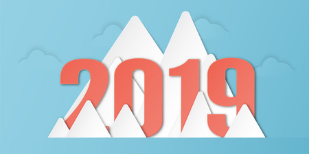 Happy New Year 2019 decoration on blue background. Vector illustration with calligraphy design of number in paper cut and digital craft. Minimal style.のイラスト素材