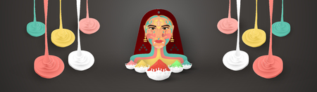 Happy Holi, Festival of Colors. Template element design for template, banner, poster, greeting card. Vector illustration in paper cut, craft, origami type with flat lay style.のイラスト素材