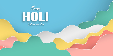Happy Holi, Festival of Colors. Template element design for template, banner, poster, greeting card. Vector illustration in paper cut, craft, origami type with flat lay style.のイラスト素材