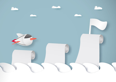 Vector illustration with start up concept in paper cut, craft and origami style. Rocket on the sky.のイラスト素材