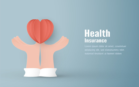 Vector illustration in concept of health insurance. Template design is on pastel blue background in 3D paper cut style.のイラスト素材