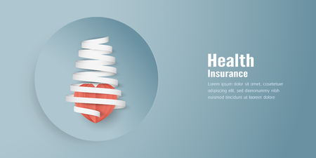 Vector illustration in concept of health insurance. Template design is on pastel blue background in 3D paper cut style.のイラスト素材