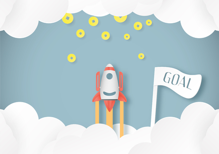 Vector illustration with start up concept in paper cut, craft and origami style. Rocket on the sky.のイラスト素材