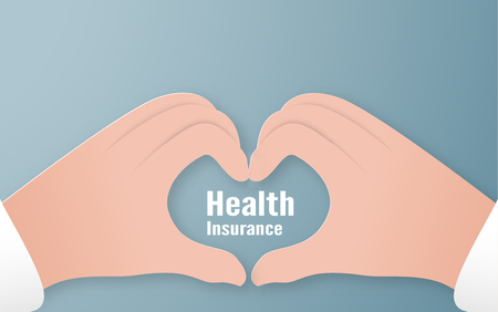 Vector illustration in concept of health insurance. Template design is on pastel blue background for cover, web banner, poster, slide presentation. Art Craft for kid in 3D paper cut style.のイラスト素材