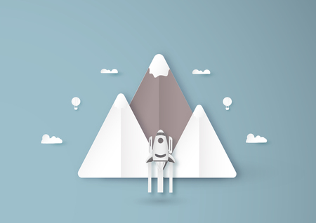 Vector illustration with start up concept in paper cut, craft and origami style. Rocket is flying on blue sky. Template design for web banner, poster, cover, advertisement. 3D art craft for kids.のイラスト素材