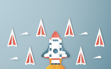 Vector illustration with start up concept in paper cut, craft and origami style. Rocket is flying on blue sky. Template design for web banner, poster, cover, advertisement. 3D art craft for kids.のイラスト素材