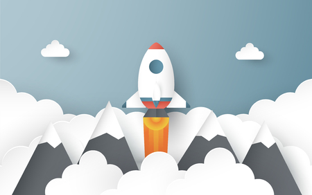 Vector illustration with start up concept in paper cut, craft and origami style. Rocket is flying on blue sky. Template design for web banner, poster, cover, advertisement. 3D art craft for kids.のイラスト素材