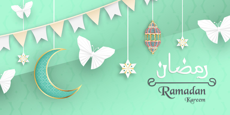 Template for Ramadan Kareem with green and gold color. 3D Vector illustration design in paper cut and craft  for islamic greeting card, invitation, book cover, brochure, web banner, advertisement.のイラスト素材