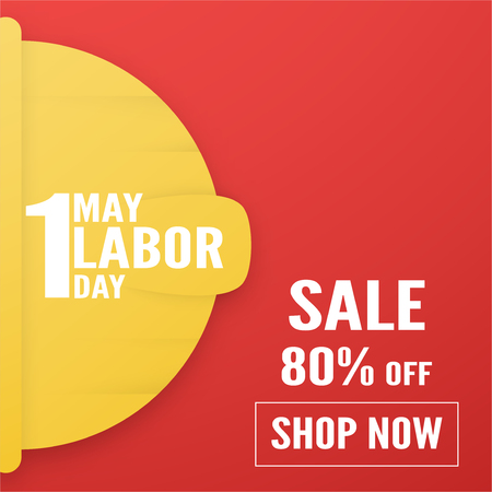 Happy Labor day on 1 May of years. Template design for banner, poster, cover, advertisement, website. Vector illustration in paper cut and craft style on red background.のイラスト素材