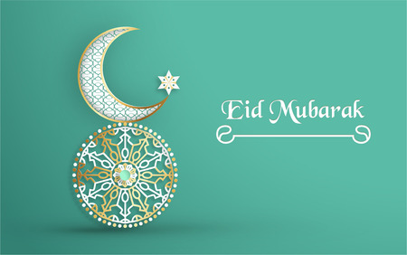 Template for Eid Mubarak with green and gold color tone. 3D Vector illustration in paper cut and craft  for islamic greeting card, invitation, book cover, brochure, web banner, advertisement.のイラスト素材