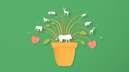 Wildlife animals with manipulation concept. Minimalism deign in paper cut and craft style. Art digitalcraft for world environment day.のイラスト素材