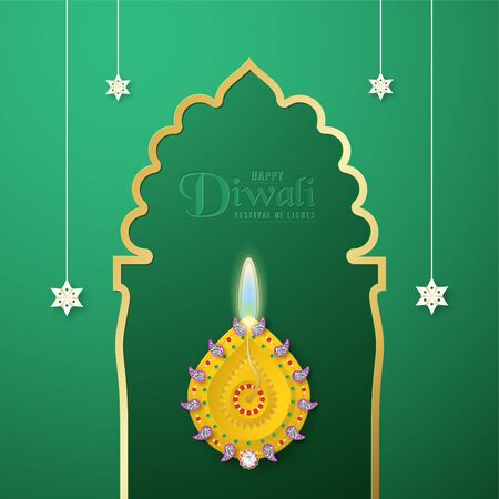Diwali is festival of lights of Hindu for invitation background, web banner, advertisement. 3D Vector illustration design in paper cut and craft style. Tone colors is dark green.のイラスト素材