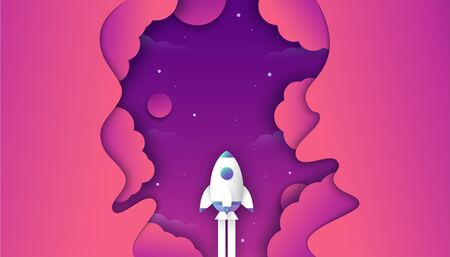 Rocket is flying in galaxy space of the universe. Abstract gradient background in liquid and fluid style. Trend creation of the world. 3D illustration template design in paper cut and craft.のイラスト素材