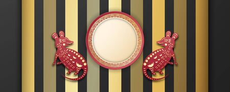 Happy Chinese new year 2020, year of the rat. Template design for cover, invitation, poster, flyer, packaging. Illustration in paper cut and craft.のイラスト素材