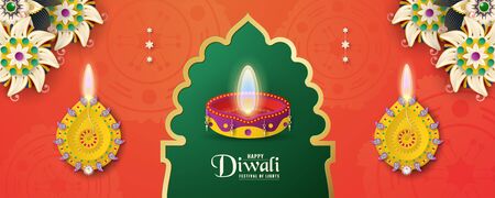 Diwali is festival of lights of Hindu for invitation background, web banner, advertisement. 3D Vector illustration design in paper cut and craft style.のイラスト素材