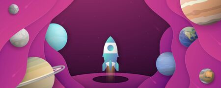 Rocket is flying in galaxy space of the universe. Abstract gradient background in liquid and fluid...