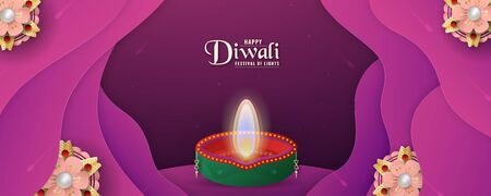 Diwali is festival of lights of Hindu, Indian for invitation background, web banner, advertisement. 3D Vector illustration design in paper cut and craft style.のイラスト素材