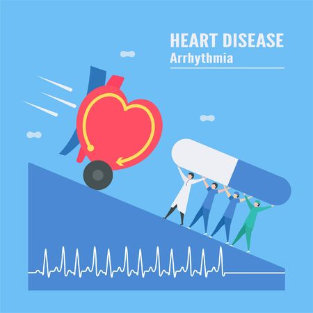 Cardiology vector illustration. On blue background, heart disease problem called tachycardia arrhythmia. Periodic signal is fast impulse response.のイラスト素材