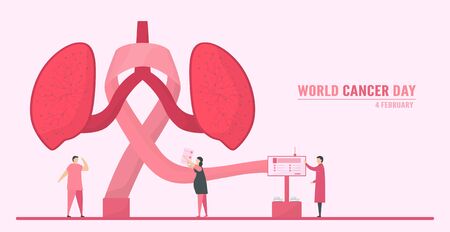 Vector illustration about World Cancer Day. People have to be raising awareness and education about this disease. The sign of this day is pink ribbon.のイラスト素材
