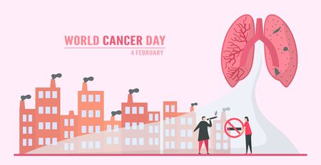 Vector illustration about World Cancer Day. People have to be raising awareness and education about this disease. The sign of this day is pink ribbon.のイラスト素材