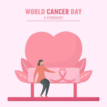 Vector illustration about World Cancer Day. People have to be raising awareness and education about this disease. The sign of this day is pink ribbon.のイラスト素材