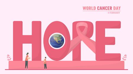 Vector illustration about World Cancer Day. People have to be raising awareness and education about this disease. The calligraphy word means hope.のイラスト素材