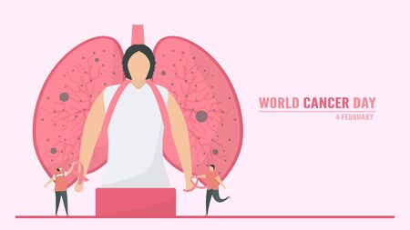 Vector illustration about World Cancer Day. People have to be raising awareness and education about this disease. The sign of this day is pink ribbon.のイラスト素材