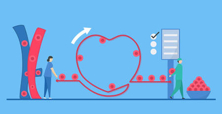 Cardiology illustration. On blue background, heart disease problem called arrhythmia. Blood cell...