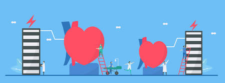 Cardiology illustration. On blue background, heart disease problem called tachycardia and bradycardia arrhythmia. Periodic signal is fast and slow impulse response respectively.のイラスト素材