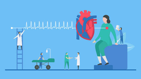 Cardiology illustration. Heart disease problem called tachycardia arrhythmia. Periodic signal is fast impulse response. Flat tiny style.のイラスト素材