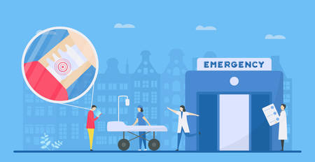 Neck pain research. People spend more time for look down to view smartphone or tablet. Illustration in flat style.のイラスト素材