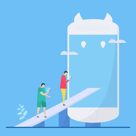 Neck pain research. People spend more time for look down to view smartphone or tablet. Illustration in flat style.のイラスト素材