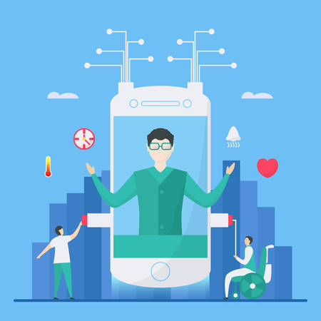 Digital health is mix of technologies such as AI, smartphone to add more efficiency for helping people. Illustration in flat tiny style.のイラスト素材