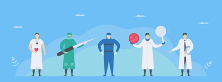Heart medical team for endocarditis. This team include cardiologists, cardiac surgeon, infectious disease physician, microbiologist and intensivist. Character doctors design.のイラスト素材