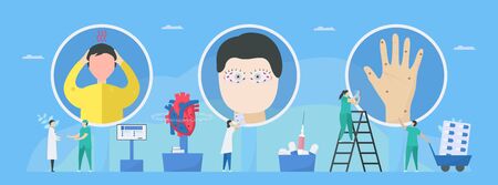 Cardiology vector illustration. This disease calls endocarditis. It is infection of endocardium that is inner heart chambers and valves. Symptoms include fever, roth spot, and osler nodes.のイラスト素材