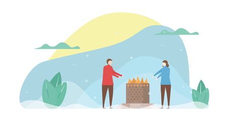 Lover is warming by the fire in the field of park. Couple of love design for winter season. Vector illustration in flat style.のイラスト素材