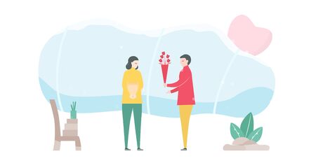 Man gives a bouquet of flowers to his girlfriend. Scene design about couple of love in winter season. Vector illustration in flat style.のイラスト素材