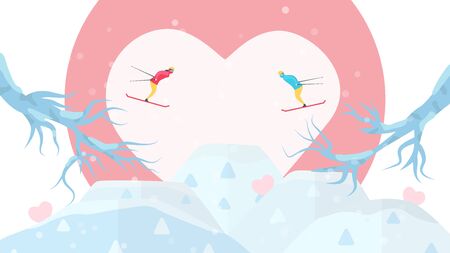 Romantic adults couple play ski. Character design of people in winter season. Vector illustration in flat style.のイラスト素材