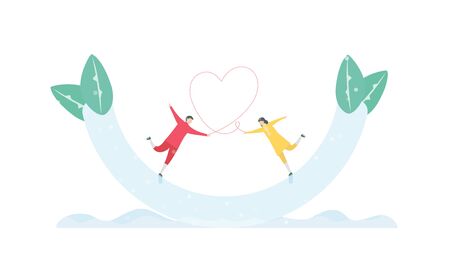 Lovers play ice skating. Scene is designed for winter season. Vector illustration is in flat style.のイラスト素材