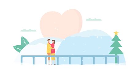 Lover plays ice skating. Man hugs girlfriend. Scene is designed for winter season. Vector illustration is in flat style.のイラスト素材