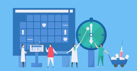 Time planning for appointment with doctor. Medical checkup of heart. Getting medicine. Workflow of patient care. Vector illustration in tiny style.のイラスト素材