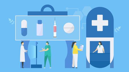 Patients are waiting to pick up medicines from pharmacist. Workflow of patient care. Vector illustration in flat tiny style.のイラスト素材