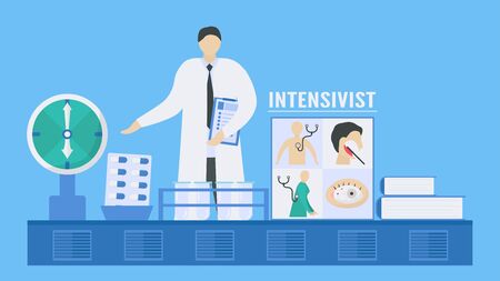In hospital, intensivist is a physician that specializes in care and treatment of patients in intensive case. Such as checking of mouth, eye, heart rate. A workflow part of patient care. Flat design.のイラスト素材
