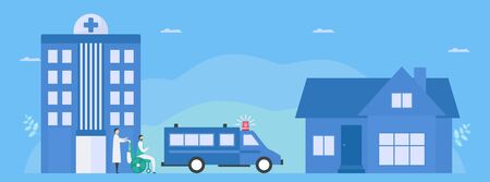 After treatment, assistant doctor will send patient back who recover to home. Workflow of patient care. Medical vector illustration with flat tiny style.のイラスト素材
