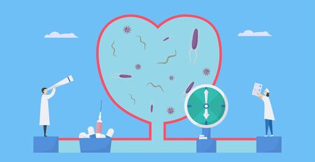 Cardiology vector illustration. This disease calls endocarditis. It is infection of endocardium that is inner heart chambers and valves. Bacteria, parasite and virus are running to blood vessel.のイラスト素材